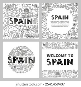 Pontos de referência nacionais espanhóis e atrações em estilo doodle isolado no fundo branco. Cartazes de boas-vindas. Conceito de turismo espanhol.