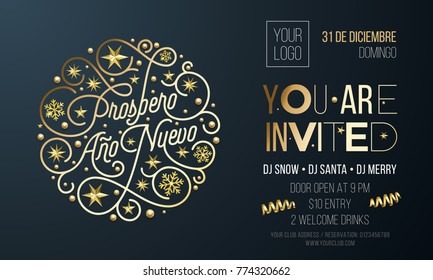 Spanish New Year party invitation for holiday celebration design template. Vector New Year Ano Nuevo or Xmas Feliz Navidad party invitation flyer of golden snowflake decoration on black background