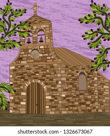 Spanish old church in romanesque style and olive tree, vector illustration