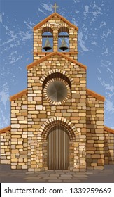 Spanish old medieval church in romanesque style, vector illustration