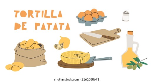 Spanisches Omelett von Kartoffeln - spanische Übersetzung tortilla de patata. Olivenöl, Zwiebeln, Kartoffeln, Eier, Schnittbrett und Messer. Vektorgrafik auf weißem Hintergrund.