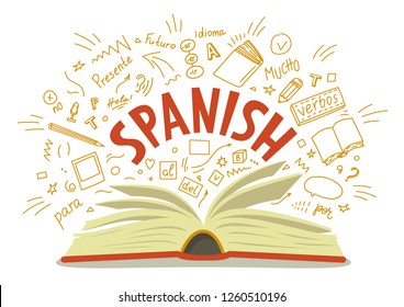 Spanish. Open book with language hand drawn doodles and lettering on white background. Education vector illustration.