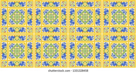 Spanish ornament, seamless background, pattern, decoration, colorful decor with geometric figures. Tiles in Spanish style, for wallpaper, backgrounds and decoration designs. Vector illustration.