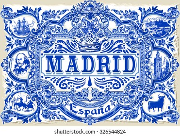 Spanish ornate Tile work Madrid symbol Ceramic Tilework Azulejos Spain. Pattern closeup Painted Tin Glazed Ceramic Vintage Illustration template background Vector Pattern Image.Indigo Blue Tiles Floor