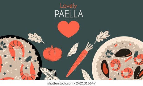 Antecedentes de la paella española. Pancarta de comida deliciosa. Ilustración vectorial.