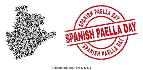 Spanish Paella Day scratched stamp, and Barcelona Province map collage of airliner elements. Collage Barcelona Province map designed of jet vehicles. Red stamp with Spanish Paella Day tag,