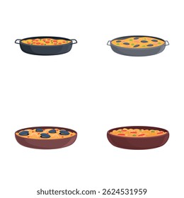 Spanish paella icons set cartoon vector. Tasty paella with seafood. Traditional dish