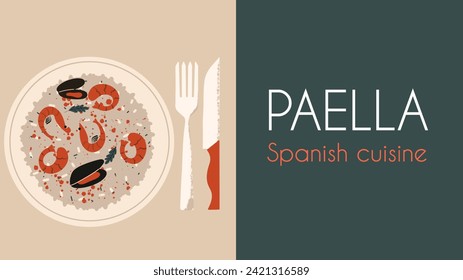 Paella española con gambas, mejillones y azafrán. Pancarta de comida deliciosa.