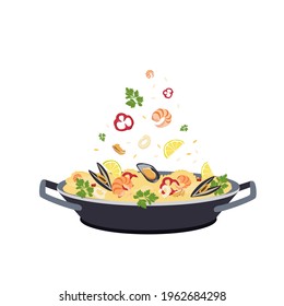 Spanish paella with shrimp, mussels and squid in a pan, isolated on a white background. Mediterranean cuisine