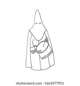 Spanish Passion Week's penitent wearing traditional clothes: pointed hat, robe and cape while playing the drum. Outline illustration. Holy week.
