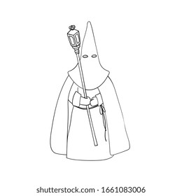 Spanish Passion Week's penitent wearing traditional clothes: pointed hat, robe and cape while holding a lamp in his hands. Outline illustration. Holy week.