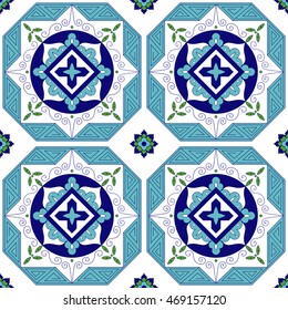 Spanish pattern from blue, green and white tiles ornaments. Portuguese azulejo, mexican, moroccan, greek or arabic motifs. Background for wallpaper, surface texture, wrapping or fabric.