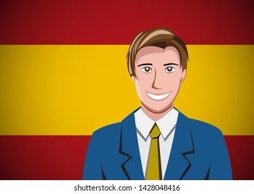 Spanish people,  ahead of the flag. Portrait of manager in flat design. Vector cartoon