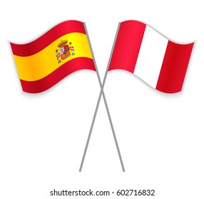 Spanish and Peruvian crossed flags. Spain combined with Peru isolated on white. Language learning, international business or travel concept.