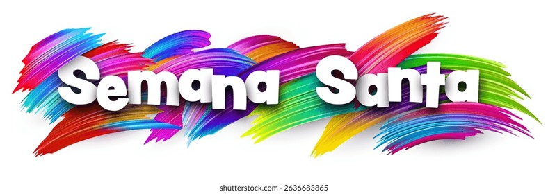 Spanish phrase meaning Holy Week in bold white letters over vibrant multicolor vector brush strokes