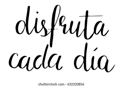 Spanish phrase modern calligraphy lettering quote enjoy every day in Spanish. Handwritten black text isolated on white background, vector. Each word is on the separate layer