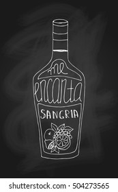 Spanish phrase text chalk chalkboard blackboard lettering handwriting hand drawn sketch sangria vector illustration me encanta sangria hand drawn bottle with phrase on it I love sangria