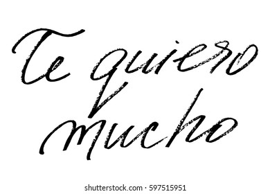 Spanish phrase text love valentines day te quiero much I love you very much. Handwritten black text isolated on white background, vector. Each word is on the separate layer