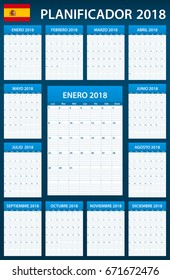 Spanish Planner blank for 2018. Scheduler, agenda or diary template. Week starts on Monday