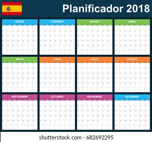Spanish Planner blank for 2018. Scheduler, agenda or diary template. Week starts on Monday