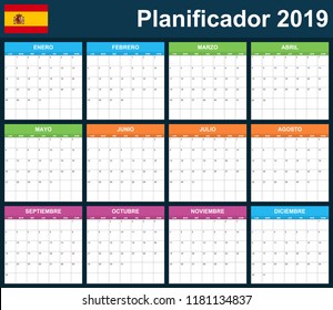 Spanish Planner blank for 2019. Scheduler, agenda or diary template. Week starts on Monday