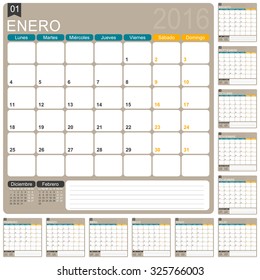 Spanish planning calendar 2016, week starts on Monday, vector illustration