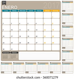 Spanish planning calendar 2017, week starts on Monday, vector illustration