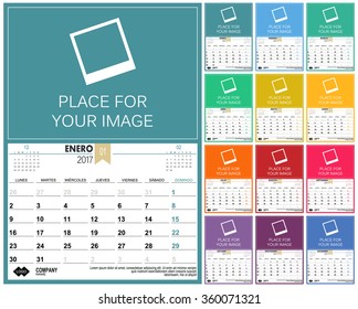 Spanish planning calendar 2017, week starts on Monday, vector illustration