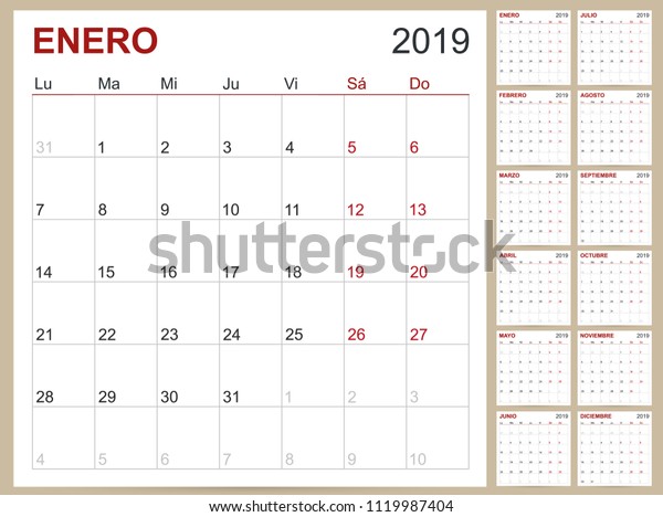 スペインの計画カレンダー19 19年のスペインのカレンダーテンプレート 12か月のセット 週は月曜日に始まり 印刷可能なカレンダーテンプレートベクターイラスト のベクター画像素材 ロイヤリティフリー