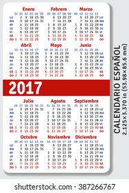 Spanish pocket calendar for 2017, standard size ISO 7810 ID-1, vector template