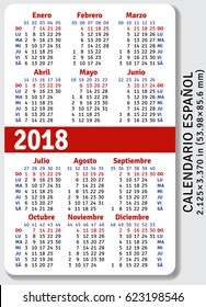 Spanish pocket calendar for 2018, standard size ISO 7810 ID-1, vector template