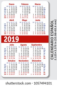 Spanish pocket calendar for 2019, standard size ISO 7810 ID-1, vertical vector template