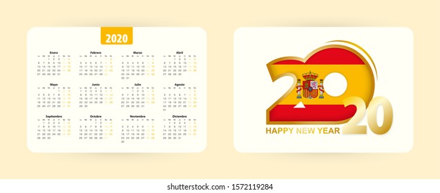 Spanish pocket calendar 2020. Happy new 2020 year icon with flag of Spain. Vector calendar.