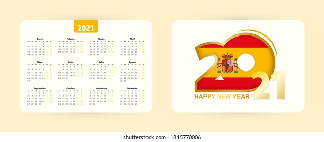 Spanish pocket calendar 2021. Happy new 2021 year icon with flag of Spain. Vector calendar.