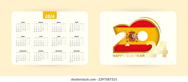 Spanish pocket calendar 2024. Happy new 2024 year icon with flag of Spain. Vector calendar.