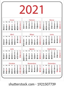 Spanish pocket calendar year 2021 with holidays in red