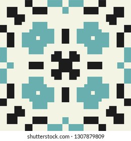 Spanish or Portuguese vector tile pattern, Lisbon pixel mosaic, Mediterranean seamless navy blue ornament Ornamental tile background, background inspired by Spanish and Portuguese traditional tiles