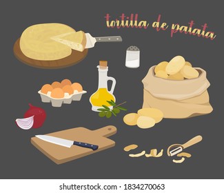 Spanish potato omelette ingredients - tortilla de patata. Olive oil, onions, potatoes, eggs, cutting board and knife. Vector illustration on a black background.