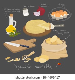 Spanish potato omelette ingredients - tortilla de patata. Olive oil, onions, potatoes, eggs, cutting board and knife. Vector illustration on a black background.