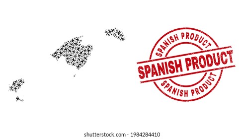 Spanish Product rubber seal stamp, and Balearic Islands map collage of aviation items. Collage Balearic Islands map constructed from aviation items. Red stamp with Spanish Product caption,