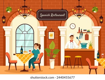 Spanish Restaurant Vector Illustration with Various of Food Menu Traditional Dish Typical Recipe and Cuisine in Flat Cartoon Background Design