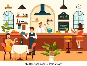 Spanish Restaurant Vector Illustration with Various of Food Menu Traditional Dish Typical Recipe and Cuisine in Flat Cartoon Background Design