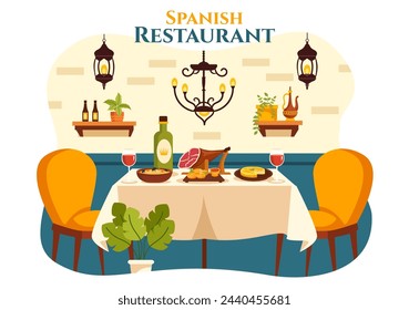 Spanish Restaurant Vector Illustration with Various of Food Menu Traditional Dish Typical Recipe and Cuisine in Flat Cartoon Background Design