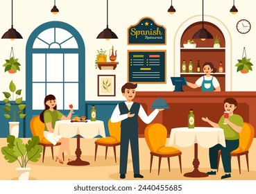 Spanish Restaurant Vector Illustration with Various of Food Menu Traditional Dish Typical Recipe and Cuisine in Flat Cartoon Background Design