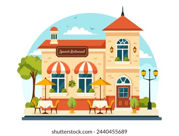 Spanish Restaurant Vector Illustration with Various of Food Menu Traditional Dish Typical Recipe and Cuisine in Flat Cartoon Background Design