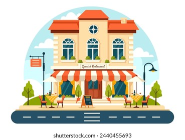 Ilustración vectorial de restaurante español con varios tipos de menú de comida Plato tradicional Receta y cocina típica en diseño de fondo plano de dibujos animados