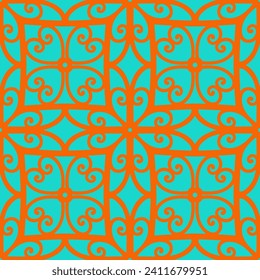 Spanish Revival Grid - Seamless Vector Pattern. Orange Artwork on Ocean Blue Background. Ornamental Design. Abstract Geometric Texture with Small Shapes.