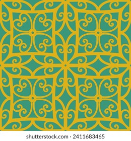 Spanish Revival Grid - Seamless Vector Pattern. Yellow Artwork on Teal Background. Ornamental Design. Abstract Geometric Texture with Small Shapes.
