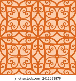 Spanish Revival Grid - Seamless Vector Pattern. Orange Artwork on Salmon Background. Ornamental Design. Abstract Geometric Texture with Small Shapes.