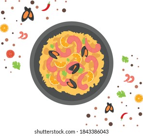  Spanish rice dish vector Icon design, National Dish of Spain Sign,Traditional cuisine Symbol on white background, Gourmet food cooking and restaurant menu item with ingredients, Shrimp Paella Concept